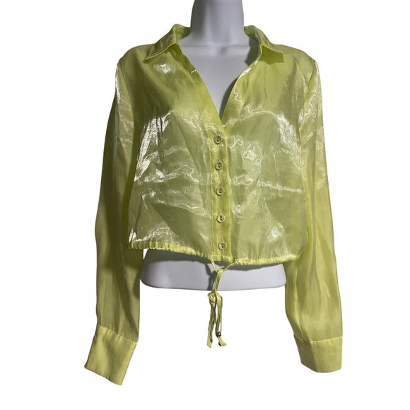 House Of Harlow 1960 Crop Top Sheer Yellow Button-Up Drawstring Shirt Womens M - Picture 1 of 6